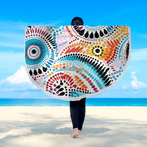 Australia Aboriginal Beach Blanket - Traditional Australian Aboriginal Native Design (White) Beach Blanket Australia Aboriginal Beach Blanket - Traditional Australian Aboriginal Native Design (White) Beach Blanket