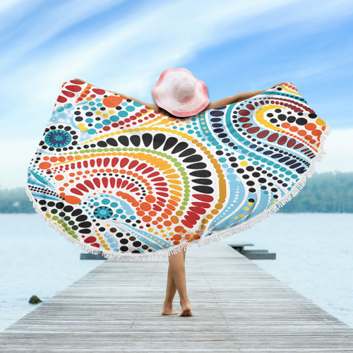 Australia Aboriginal Beach Blanket - Traditional Australian Aboriginal Native Design (White) Ver 1 Beach Blanket Australia Aboriginal Beach Blanket - Traditional Australian Aboriginal Native Design (White) Ver 1 Beach Blanket
