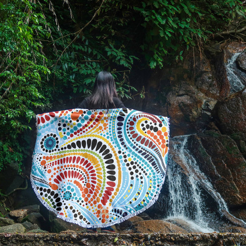 Australia Aboriginal Beach Blanket - Traditional Australian Aboriginal Native Design (White) Ver 1 Beach Blanket Australia Aboriginal Beach Blanket - Traditional Australian Aboriginal Native Design (White) Ver 1 Beach Blanket