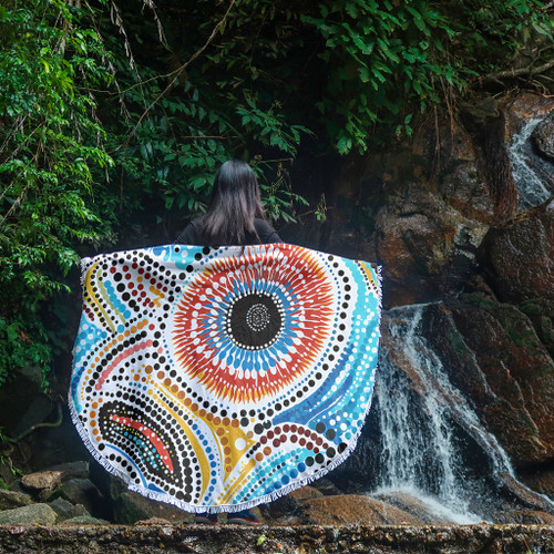 Australia Aboriginal Beach Blanket - Traditional Australian Aboriginal Native Design (White) Ver 2 Beach Blanket Australia Aboriginal Beach Blanket - Traditional Australian Aboriginal Native Design (White) Ver 2 Beach Blanket