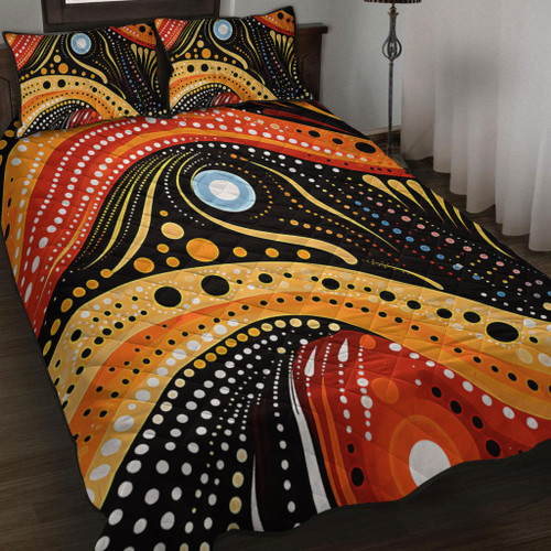 Australia Aboriginal Quilt Bed Set - Traditional Australian Aboriginal Native Design (Black) Ver 1 Quilt Bed Set