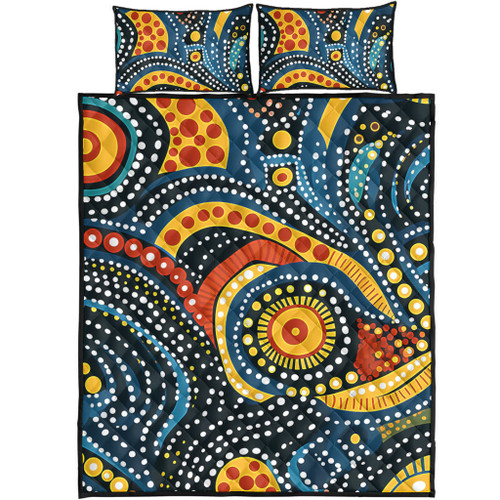Australia Aboriginal Quilt Bed Set - Traditional Australian Aboriginal Native Design (Black) Ver 6 Quilt Bed Set