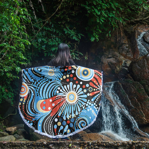 Australia Aboriginal Beach Blanket - Traditional Australian Aboriginal Native Design (Black) Ver 3 Beach Blanket Australia Aboriginal Beach Blanket - Traditional Australian Aboriginal Native Design (Black) Ver 3 Beach Blanket