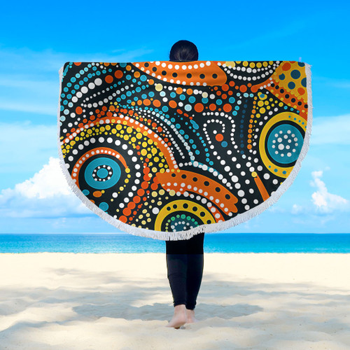 Australia Aboriginal Beach Blanket - Traditional Australian Aboriginal Native Design (Black) Ver 5 Beach Blanket Australia Aboriginal Beach Blanket - Traditional Australian Aboriginal Native Design (Black) Ver 5 Beach Blanket