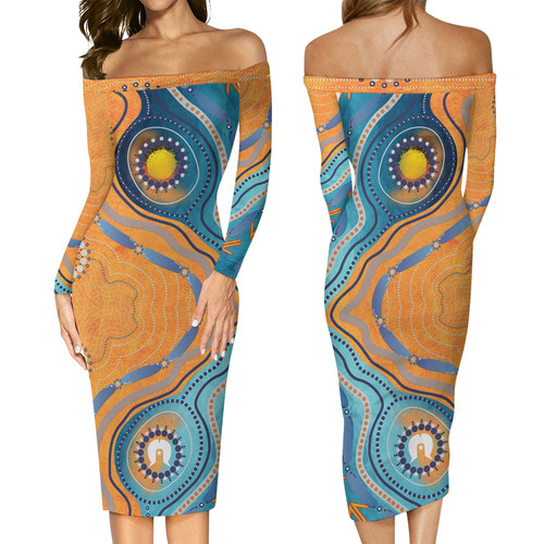 Australia Aboriginal Long Sleeve Off Shoulder Lady Dress - Indigenous Beach Dot Painting Art Dress