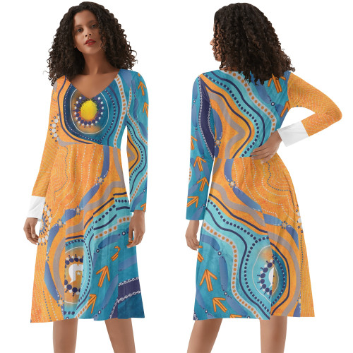 Australia Aboriginal Long Sleeve Summer Dress - Indigenous Beach Dot Painting Art Dress Australia Aboriginal Long Sleeve Summer Dress - Indigenous Beach Dot Painting Art Dress