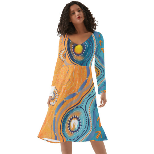 Australia Aboriginal Long Sleeve Summer Dress - Indigenous Beach Dot Painting Art Dress Australia Aboriginal Long Sleeve Summer Dress - Indigenous Beach Dot Painting Art Dress