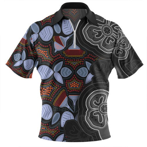 Australia Aboriginal Zip Polo Shirt - Eucalyptus Seamless Pattern In Aboriginal Dot Art Zip Polo Shirt