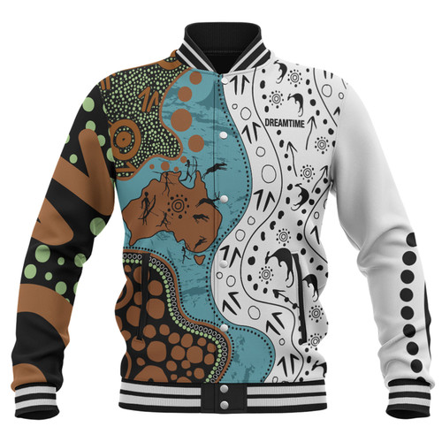 Australia Aboriginal Custom Baseball Jacket - Aussie Indigenous Hunting Season With Kangaroo Dot Art Baseball Jacket