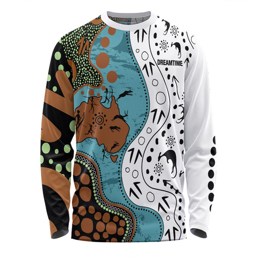 Australia Aboriginal Custom Long Sleeve T-shirt - Aussie Indigenous Hunting Season With Kangaroo Dot Art Long Sleeve T-shirt