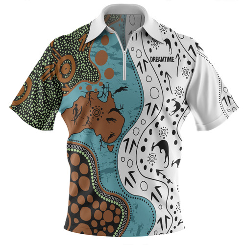 Australia Aboriginal Custom Zip Polo Shirt - Aussie Indigenous Hunting Season With Kangaroo Dot Art Zip Polo Shirt