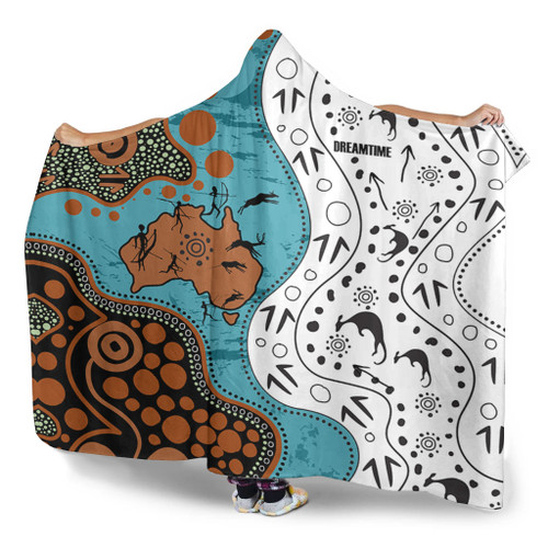Australia Aboriginal Custom Hooded Blanket - Aussie Indigenous Hunting Season With Kangaroo Dot Art Hooded Blanket