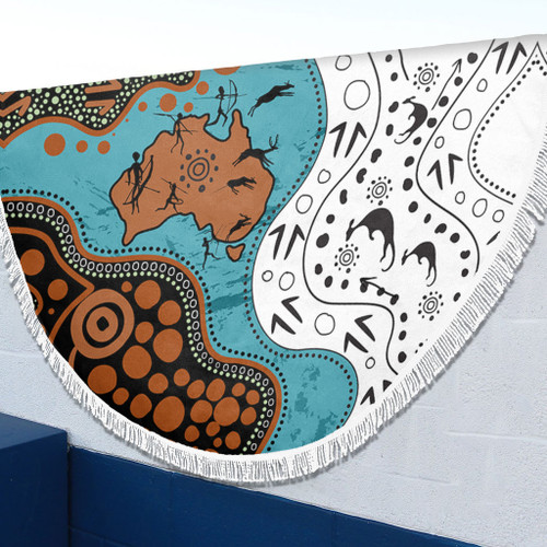 Australia Aboriginal Custom Beach Blanket - Aussie Indigenous Hunting Season With Kangaroo Dot Art Beach Blanket
