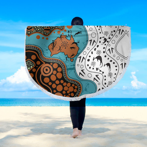 Australia Aboriginal Custom Beach Blanket - Aussie Indigenous Hunting Season With Kangaroo Dot Art Beach Blanket