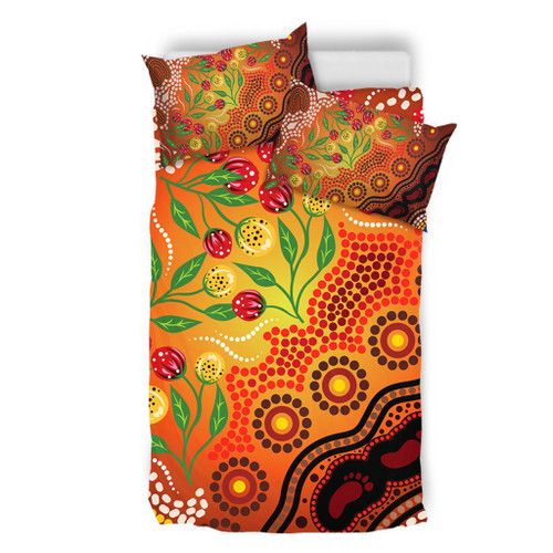 Australia Aboriginal Bedding Set - Aboriginal Dot Art With Bush Flowers Bedding Set