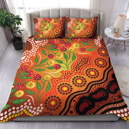 Australia Aboriginal Bedding Set - Aboriginal Dot Art With Bush Flowers Bedding Set