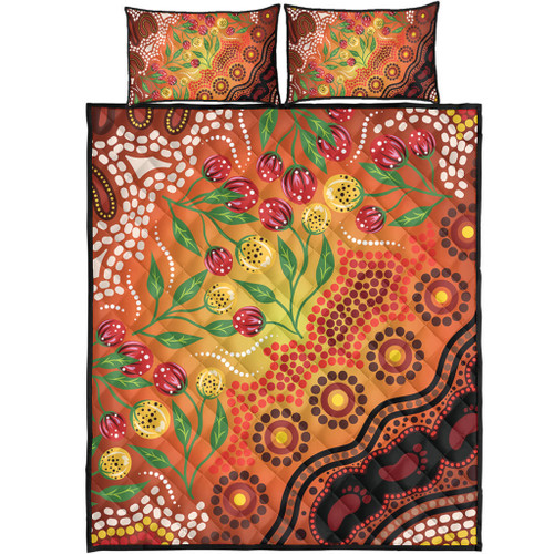 Australia Aboriginal Quilt Bed Set - Aboriginal Dot Art With Bush Flowers Quilt Bed Set Australia Aboriginal Quilt Bed Set - Aboriginal Dot Art With Bush Flowers Quilt Bed Set