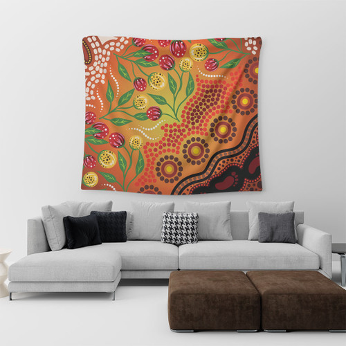 Australia Aboriginal Tapestry - Aboriginal Dot Art With Bush Flowers Tapestry Australia Aboriginal Tapestry - Aboriginal Dot Art With Bush Flowers Tapestry