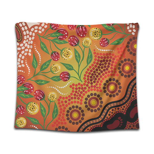 Australia Aboriginal Tapestry - Aboriginal Dot Art With Bush Flowers Tapestry Australia Aboriginal Tapestry - Aboriginal Dot Art With Bush Flowers Tapestry