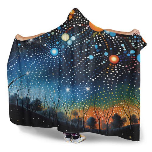 Australia Aboriginal Hooded Blanket - Aboriginal Dot Painting Dreamtime Story Of A Night Sky Hooded Blanket