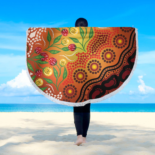 Australia Aboriginal Beach Blanket - Aboriginal Dot Art With Bush Flowers Beach Blanket Australia Aboriginal Beach Blanket - Aboriginal Dot Art With Bush Flowers Beach Blanket