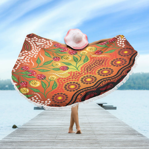 Australia Aboriginal Beach Blanket - Aboriginal Dot Art With Bush Flowers Beach Blanket Australia Aboriginal Beach Blanket - Aboriginal Dot Art With Bush Flowers Beach Blanket