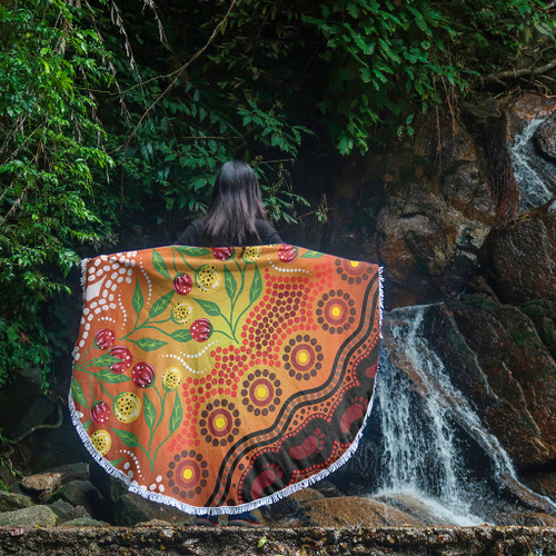 Australia Aboriginal Beach Blanket - Aboriginal Dot Art With Bush Flowers Beach Blanket Australia Aboriginal Beach Blanket - Aboriginal Dot Art With Bush Flowers Beach Blanket