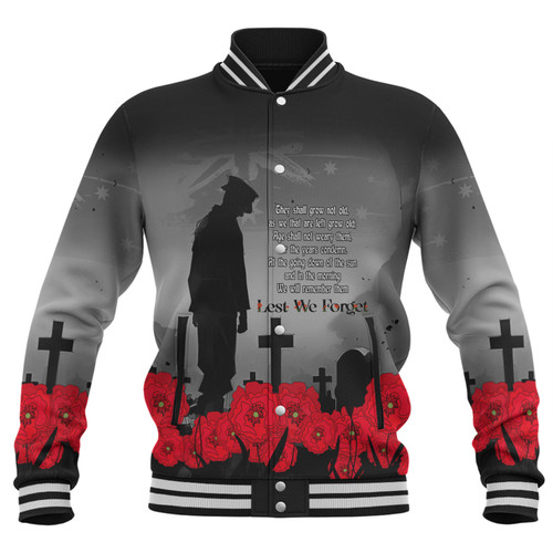 Australia Anzac Day Custom Baseball Jacket - Remembrance Day Soldier In A Red Poppies Field Baseball Jacket