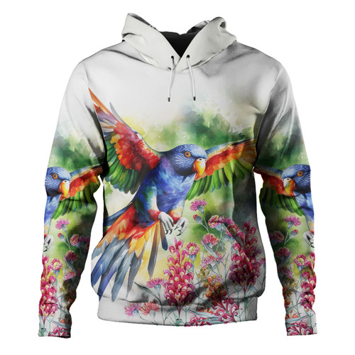 Australia Rainbow Lorikeets Hoodie - Rainbow Lorikeets Flying With Grevillea Flowers Art Hoodie