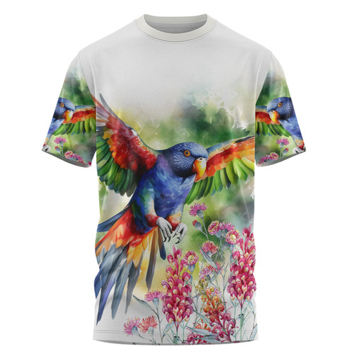 Australia Rainbow Lorikeets T-shirt - Rainbow Lorikeets Flying With Grevillea Flowers Art T-shirt