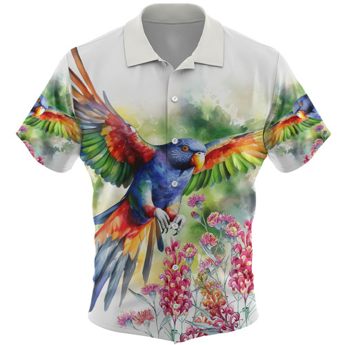 Australia Rainbow Lorikeets Hawaiian Shirt - Rainbow Lorikeets Flying With Grevillea Flowers Art Hawaiian Shirt
