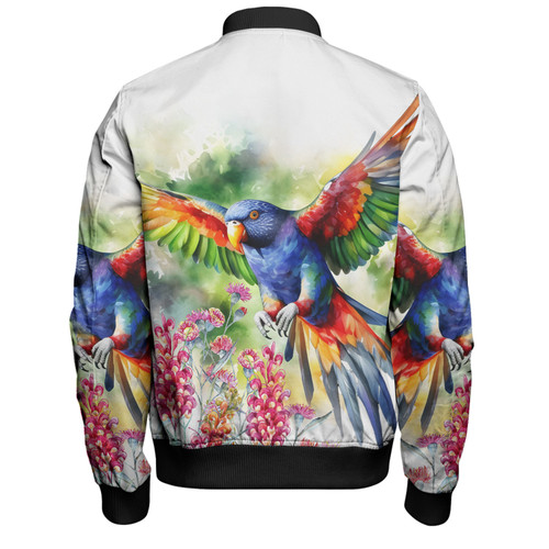 Australia Rainbow Lorikeets Bomber Jacket - Rainbow Lorikeets Flying With Grevillea Flowers Art Bomber Jacket Australia Rainbow Lorikeets Bomber Jacket - Rainbow Lorikeets Flying With Grevillea Flowers Art Bomber Jacket