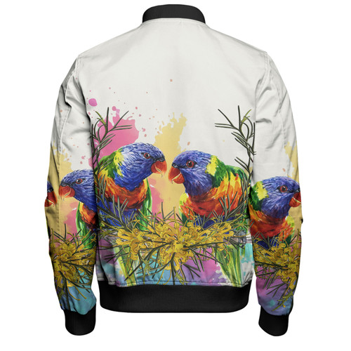 Australia Rainbow Lorikeets Bomber Jacket - Rainbow Lorikeets With Grevillea Flowers Bomber Jacket Australia Rainbow Lorikeets Bomber Jacket - Rainbow Lorikeets With Grevillea Flowers Bomber Jacket