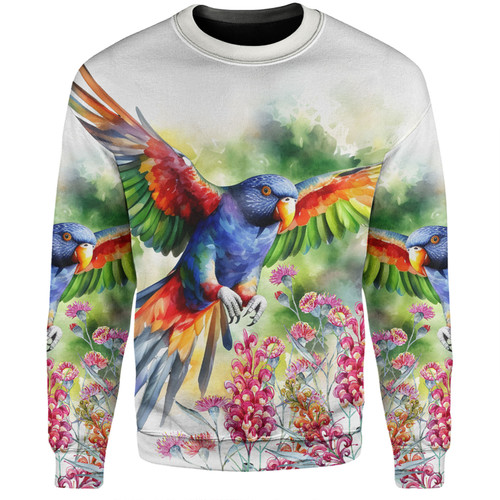 Australia Rainbow Lorikeets Sweatshirt - Rainbow Lorikeets Flying With Grevillea Flowers Art Sweatshirt