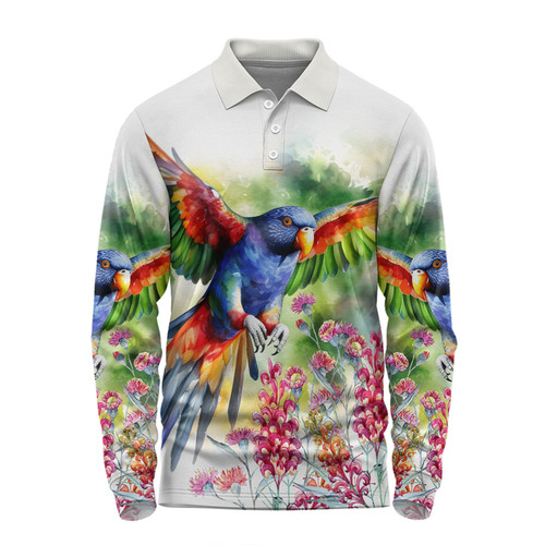 Australia Rainbow Lorikeets Long Sleeve Polo Shirt - Rainbow Lorikeets Flying With Grevillea Flowers Art Long Sleeve Polo Shirt