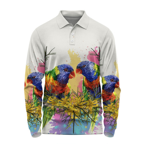 Australia Rainbow Lorikeets Long Sleeve Polo Shirt - Rainbow Lorikeets With Grevillea Flowers Long Sleeve Polo Shirt