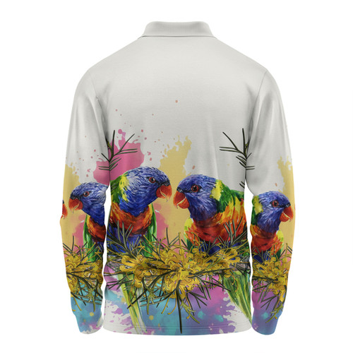 Australia Rainbow Lorikeets Long Sleeve Polo Shirt - Rainbow Lorikeets With Grevillea Flowers Long Sleeve Polo Shirt Australia Rainbow Lorikeets Long Sleeve Polo Shirt - Rainbow Lorikeets With Grevillea Flowers Long Sleeve Polo Shirt