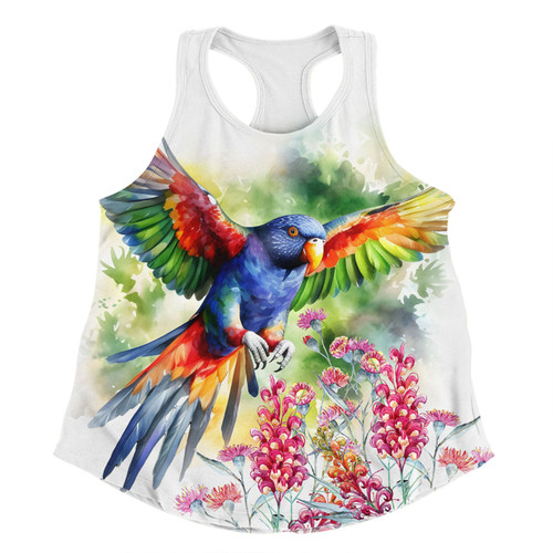 Australia Rainbow Lorikeets Women Racerback Singlet - Rainbow Lorikeets Flying With Grevillea Flowers Art Women Racerback Singlet