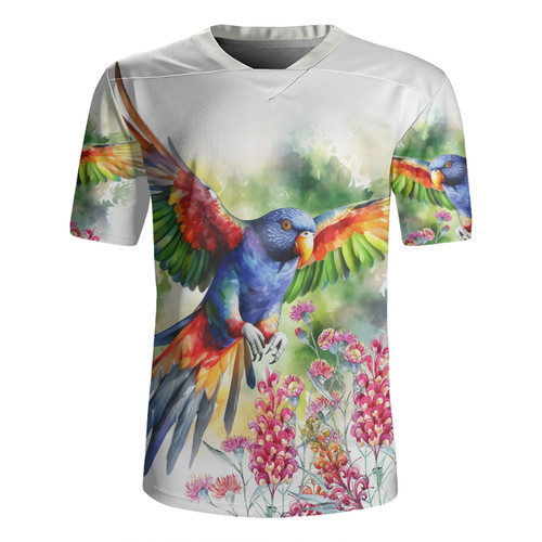 Australia Rainbow Lorikeets Rugby Jersey - Rainbow Lorikeets Flying With Grevillea Flowers Art Rugby Jersey