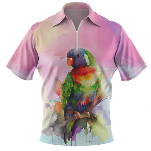 Australia Rainbow Lorikeets Zip Polo Shirt - Rainbow Lorikeets Color Art Zip Polo Shirt
