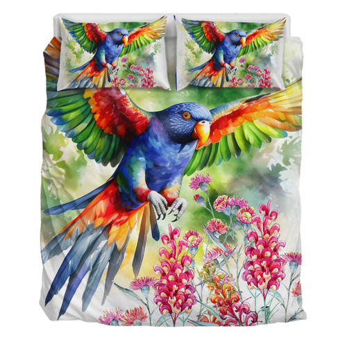 Australia Rainbow Lorikeets Bedding Set - Rainbow Lorikeets Flying With Grevillea Flowers Art Bedding Set Australia Rainbow Lorikeets Bedding Set - Rainbow Lorikeets Flying With Grevillea Flowers Art Bedding Set