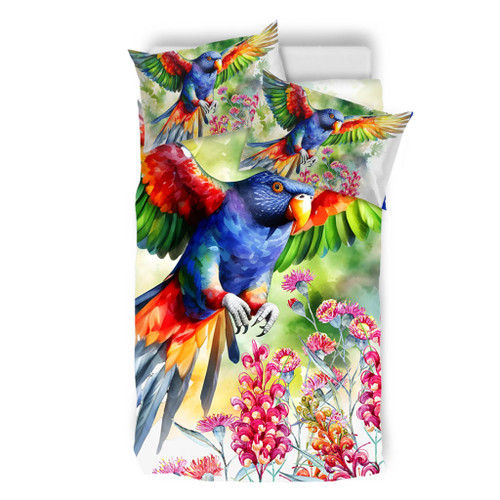 Australia Rainbow Lorikeets Bedding Set - Rainbow Lorikeets Flying With Grevillea Flowers Art Bedding Set Australia Rainbow Lorikeets Bedding Set - Rainbow Lorikeets Flying With Grevillea Flowers Art Bedding Set