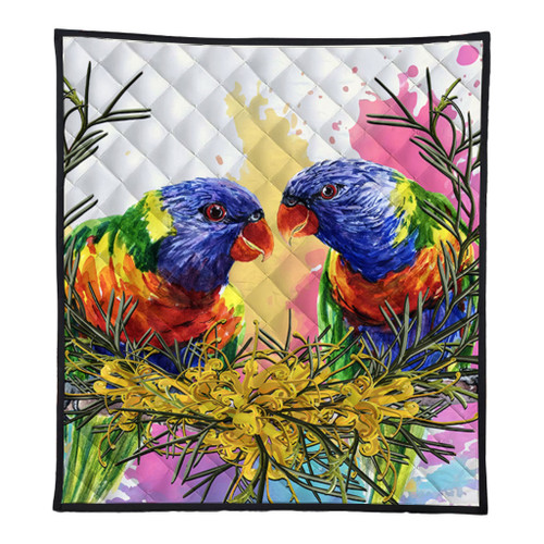 Australia Rainbow Lorikeets Quilt - Rainbow Lorikeets With Grevillea Flowers Quilt Australia Rainbow Lorikeets Quilt - Rainbow Lorikeets With Grevillea Flowers Quilt