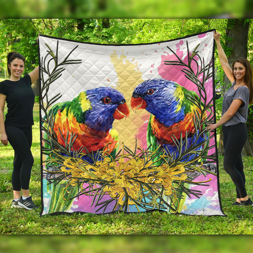 Australia Rainbow Lorikeets Quilt - Rainbow Lorikeets With Grevillea Flowers Quilt Australia Rainbow Lorikeets Quilt - Rainbow Lorikeets With Grevillea Flowers Quilt