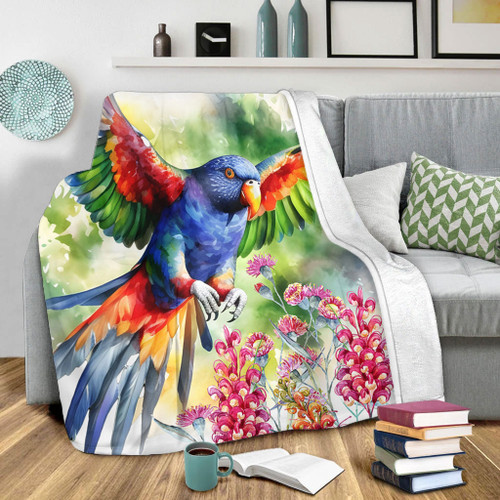 Australia Rainbow Lorikeets Blanket - Rainbow Lorikeets Flying With Grevillea Flowers Art Blanket Australia Rainbow Lorikeets Blanket - Rainbow Lorikeets Flying With Grevillea Flowers Art Blanket
