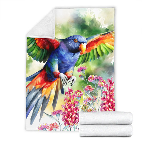 Australia Rainbow Lorikeets Blanket - Rainbow Lorikeets Flying With Grevillea Flowers Art Blanket Australia Rainbow Lorikeets Blanket - Rainbow Lorikeets Flying With Grevillea Flowers Art Blanket