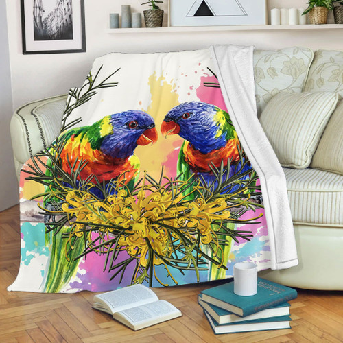Australia Rainbow Lorikeets Blanket - Rainbow Lorikeets With Grevillea Flowers Blanket Australia Rainbow Lorikeets Blanket - Rainbow Lorikeets With Grevillea Flowers Blanket