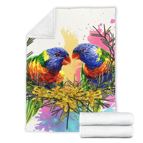 Australia Rainbow Lorikeets Blanket - Rainbow Lorikeets With Grevillea Flowers Blanket Australia Rainbow Lorikeets Blanket - Rainbow Lorikeets With Grevillea Flowers Blanket