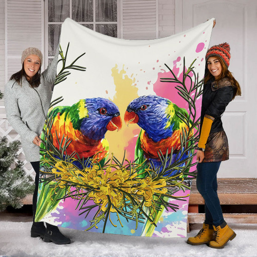 Australia Rainbow Lorikeets Blanket - Rainbow Lorikeets With Grevillea Flowers Blanket Australia Rainbow Lorikeets Blanket - Rainbow Lorikeets With Grevillea Flowers Blanket