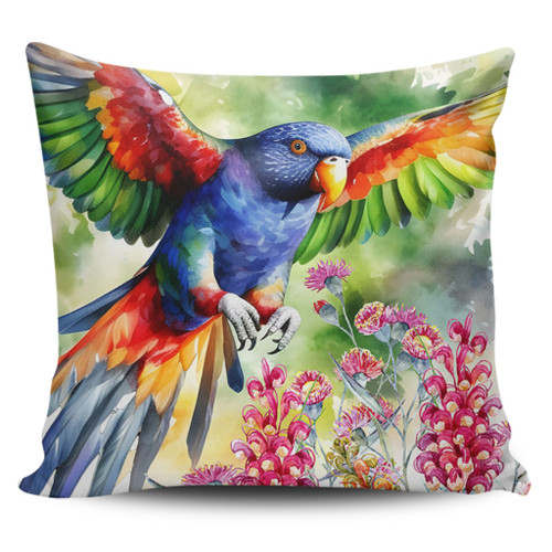 Australia Rainbow Lorikeets Pillow Cases - Rainbow Lorikeets Flying With Grevillea Flowers Art Pillow Cases Australia Rainbow Lorikeets Pillow Cases - Rainbow Lorikeets Flying With Grevillea Flowers Art Pillow Cases